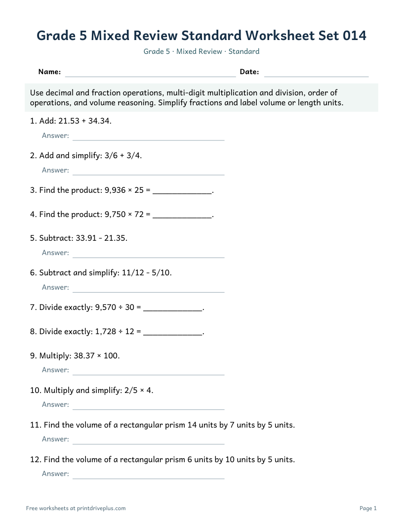 Preview of Grade 5 Mixed Review Standard Worksheet Set 014