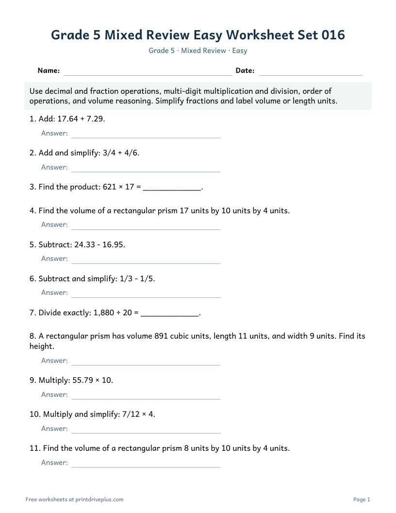 Preview of Grade 5 Mixed Review Easy Worksheet Set 016