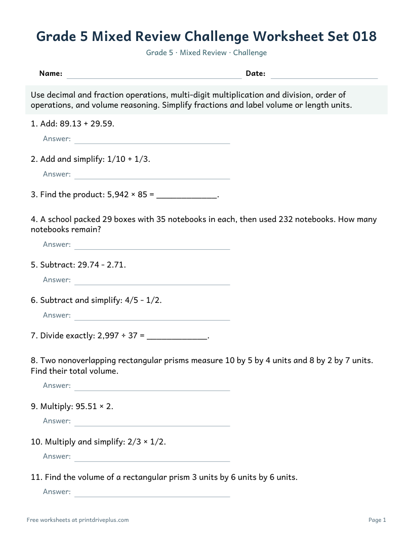 Preview of Grade 5 Mixed Review Challenge Worksheet Set 018