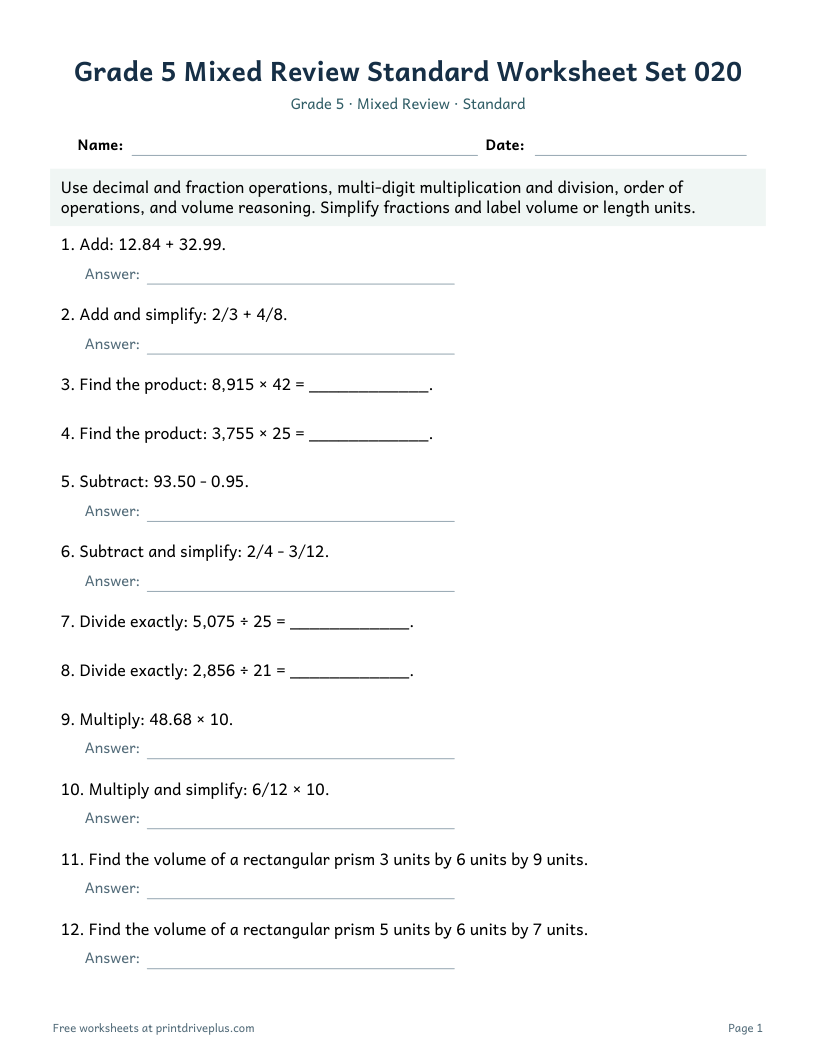 Preview of Grade 5 Mixed Review Standard Worksheet Set 020