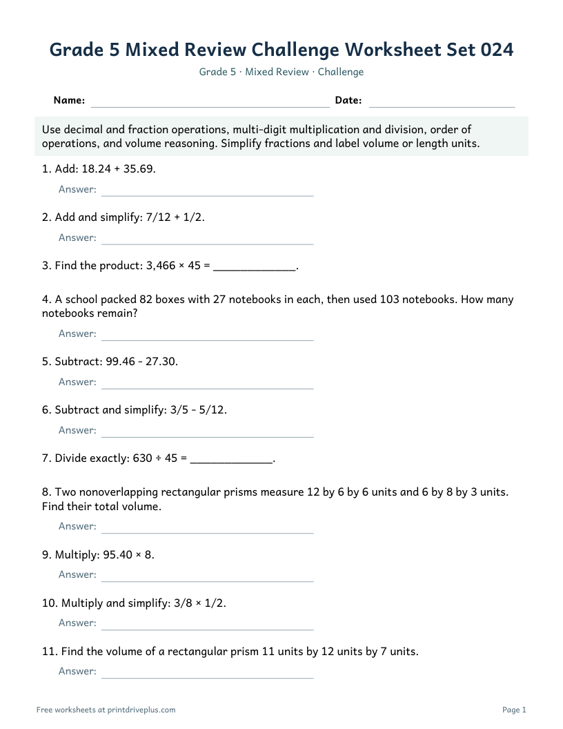 Preview of Grade 5 Mixed Review Challenge Worksheet Set 024