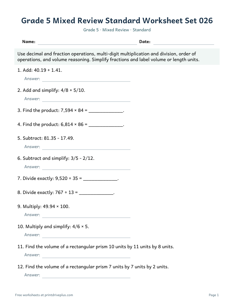 Preview of Grade 5 Mixed Review Standard Worksheet Set 026