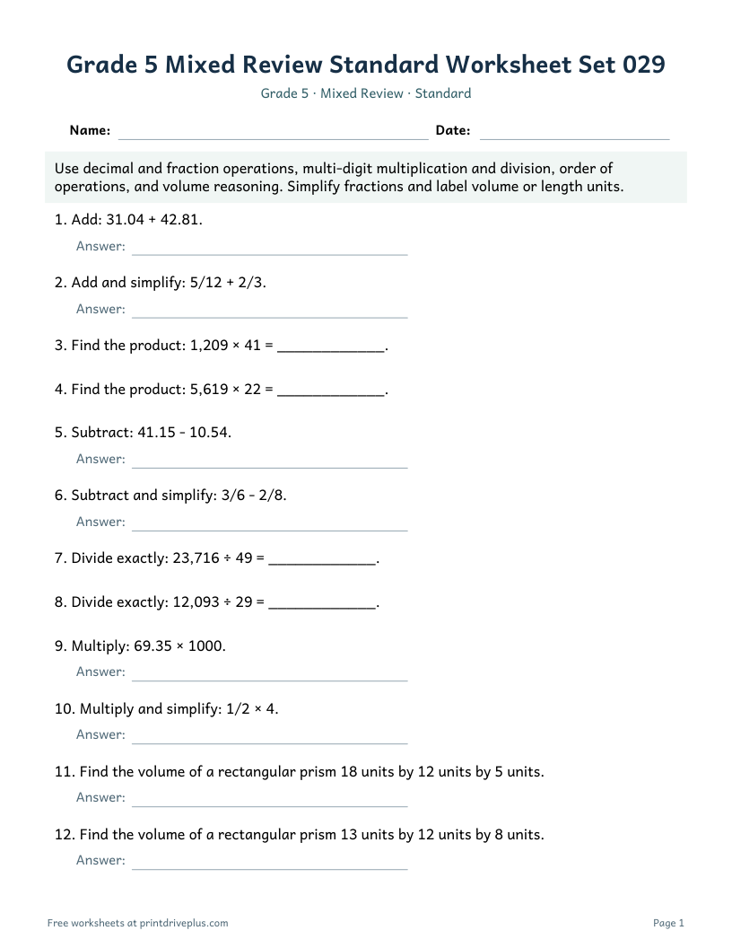Preview of Grade 5 Mixed Review Standard Worksheet Set 029