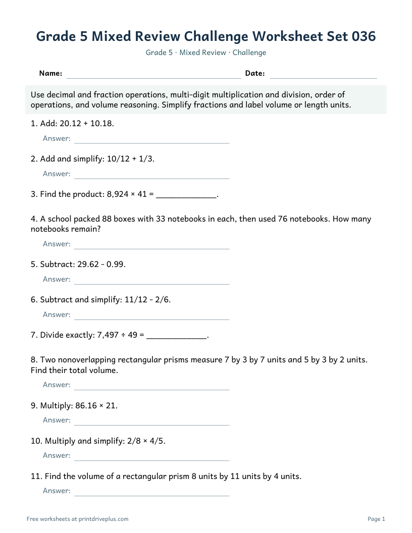 Preview of Grade 5 Mixed Review Challenge Worksheet Set 036