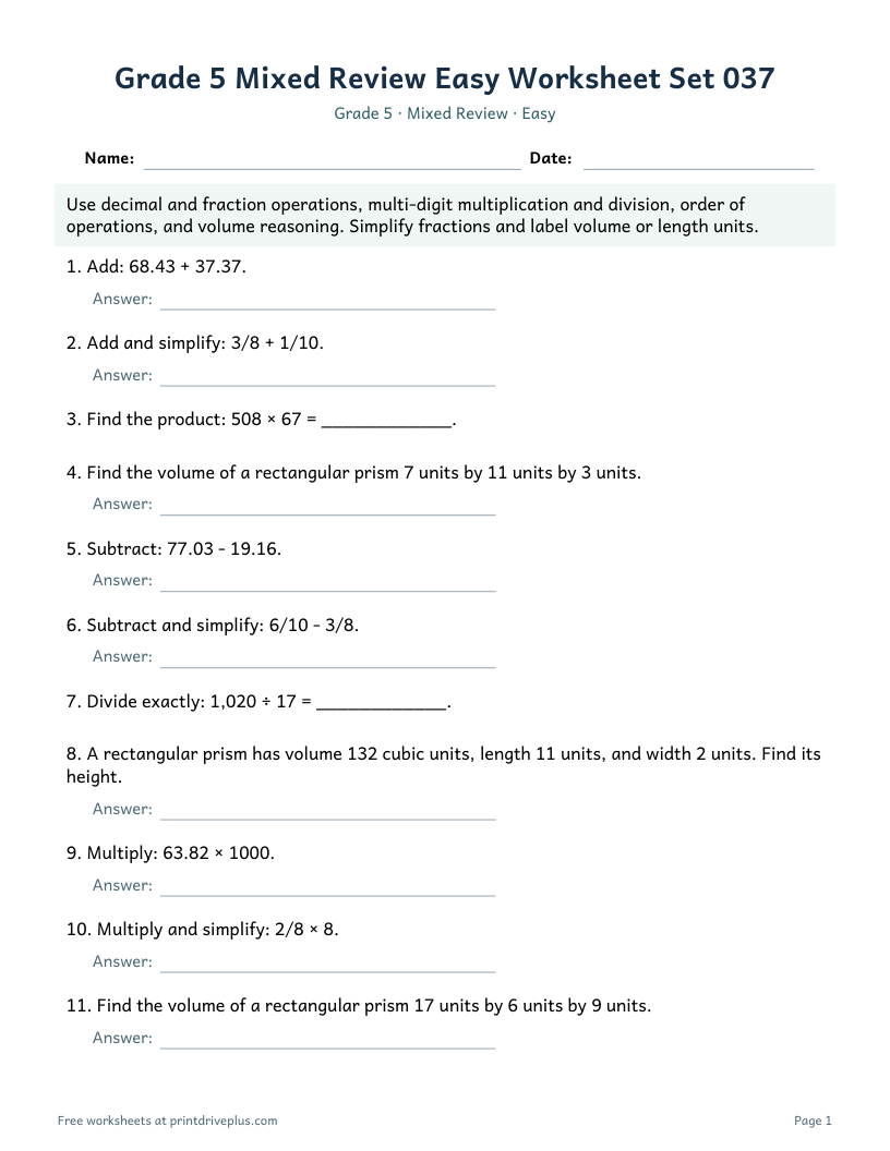 Preview of Grade 5 Mixed Review Easy Worksheet Set 037