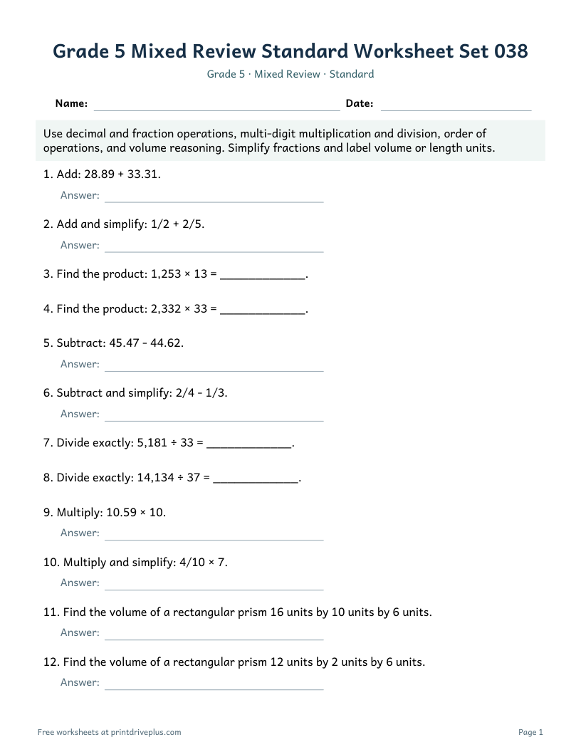 Preview of Grade 5 Mixed Review Standard Worksheet Set 038