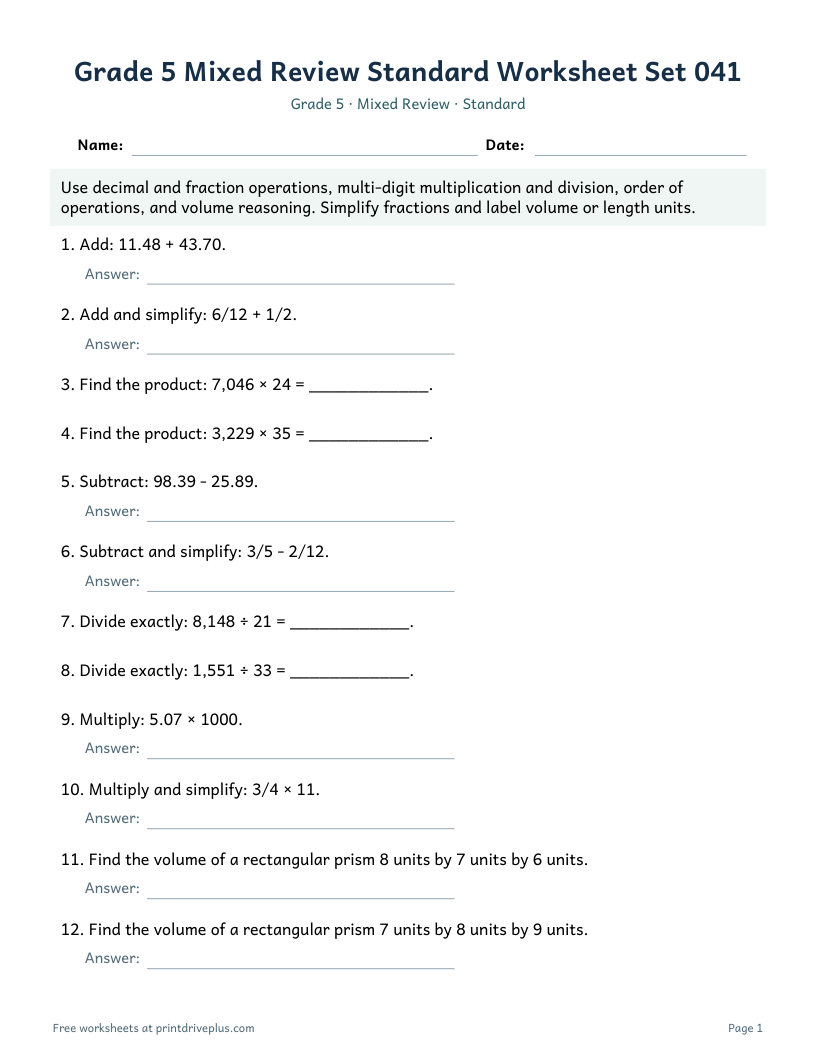 Preview of Grade 5 Mixed Review Standard Worksheet Set 041