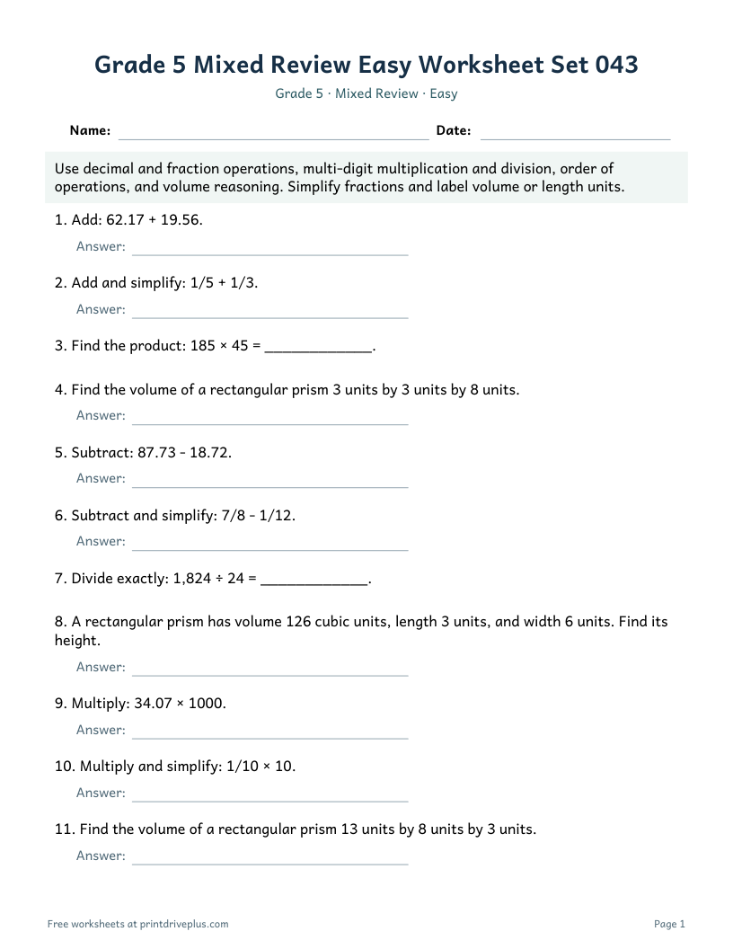 Preview of Grade 5 Mixed Review Easy Worksheet Set 043