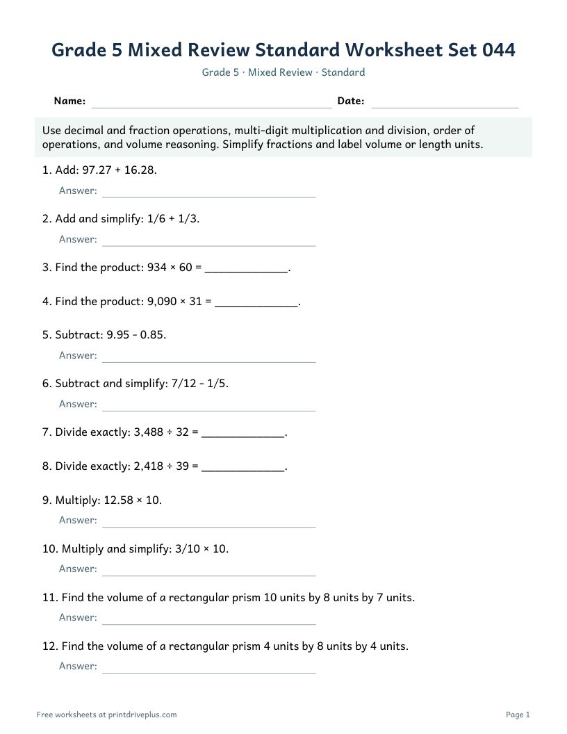 Preview of Grade 5 Mixed Review Standard Worksheet Set 044