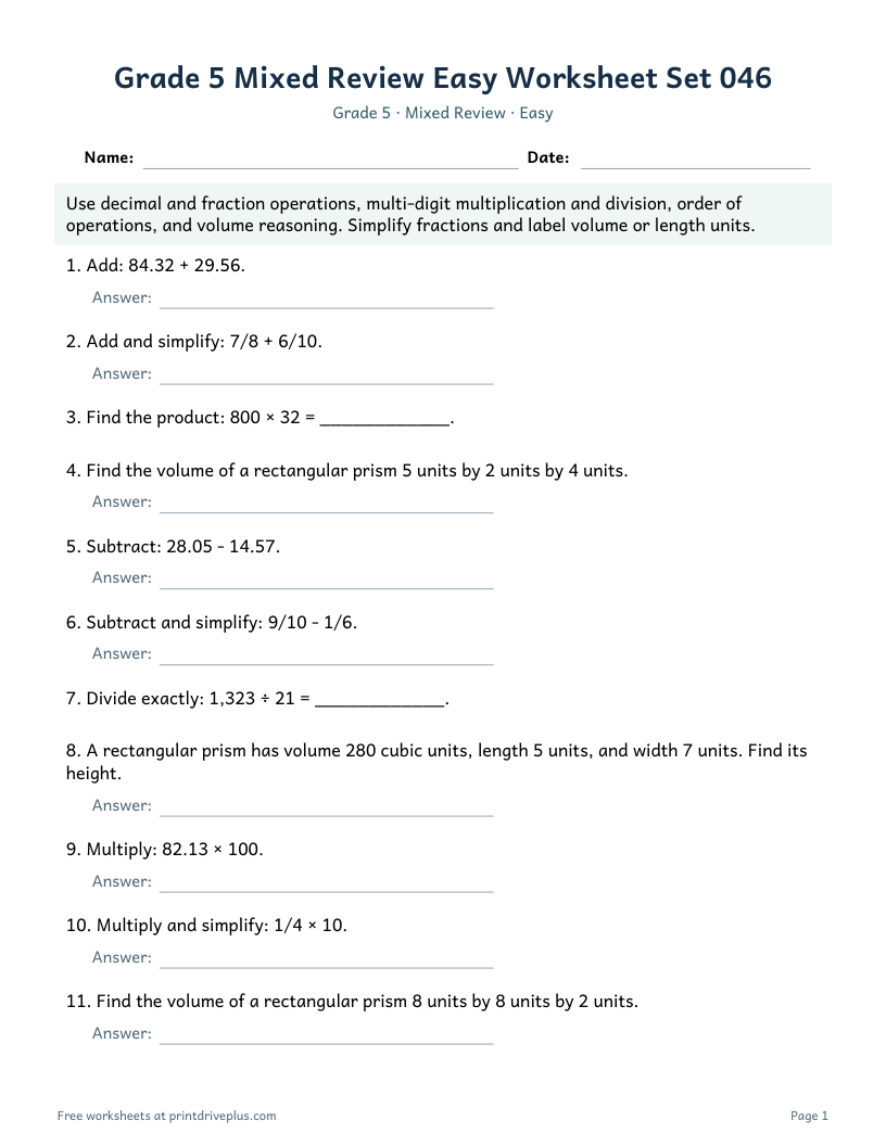 Preview of Grade 5 Mixed Review Easy Worksheet Set 046
