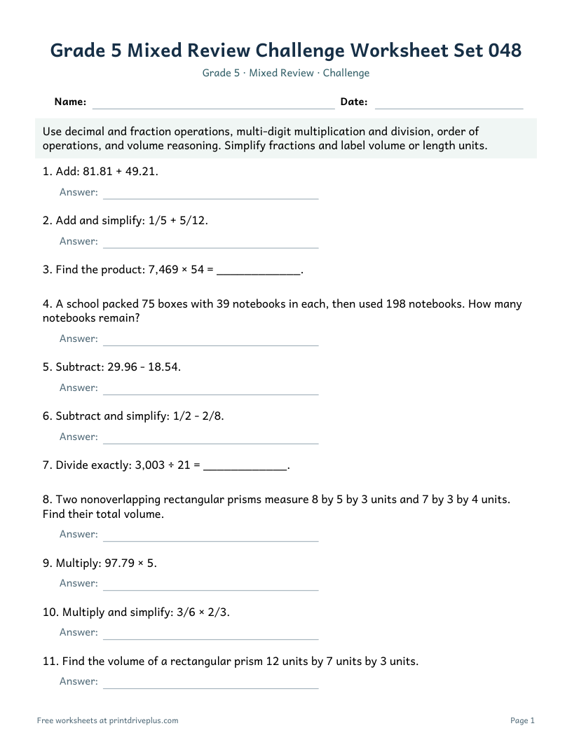 Preview of Grade 5 Mixed Review Challenge Worksheet Set 048