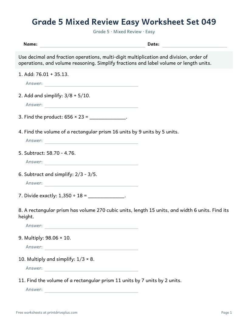 Preview of Grade 5 Mixed Review Easy Worksheet Set 049