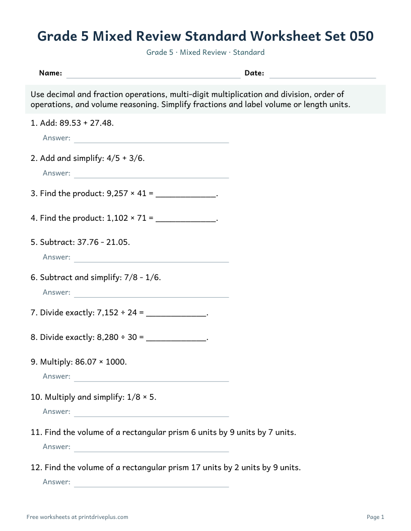 Preview of Grade 5 Mixed Review Standard Worksheet Set 050