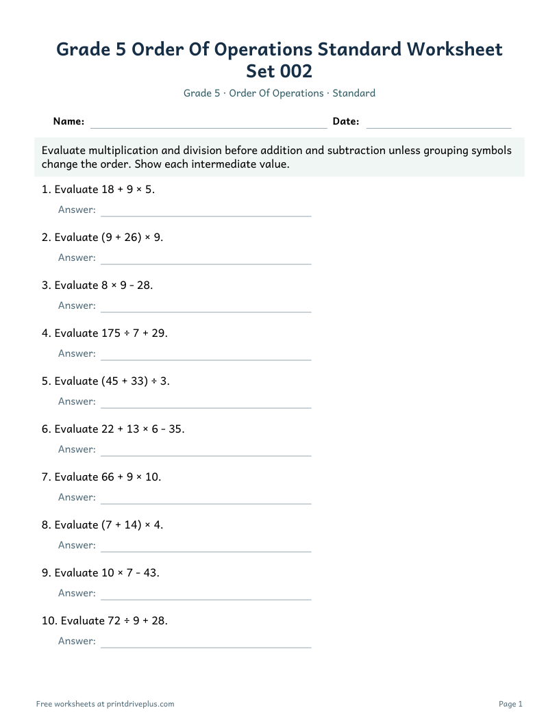 Preview of Grade 5 Order Of Operations Standard Worksheet Set 002