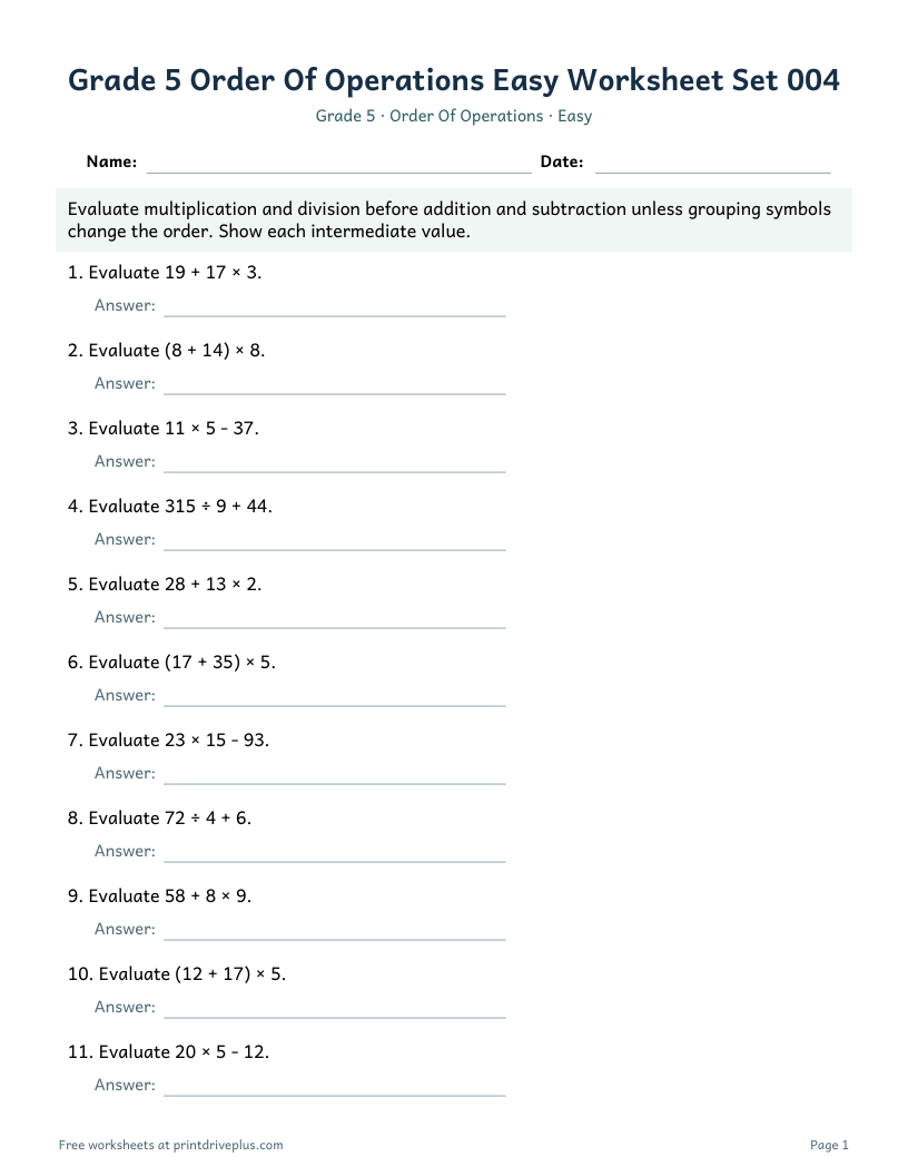 Preview of Grade 5 Order Of Operations Easy Worksheet Set 004