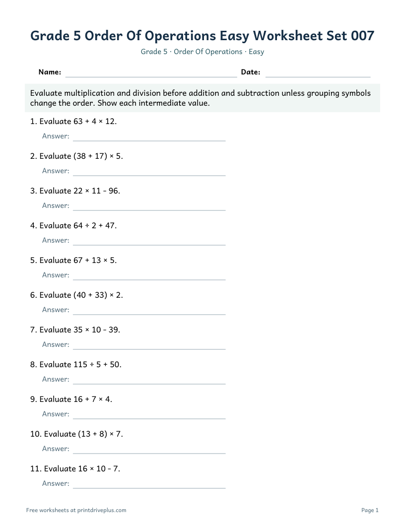 Preview of Grade 5 Order Of Operations Easy Worksheet Set 007