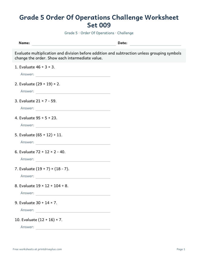 Preview of Grade 5 Order Of Operations Challenge Worksheet Set 009
