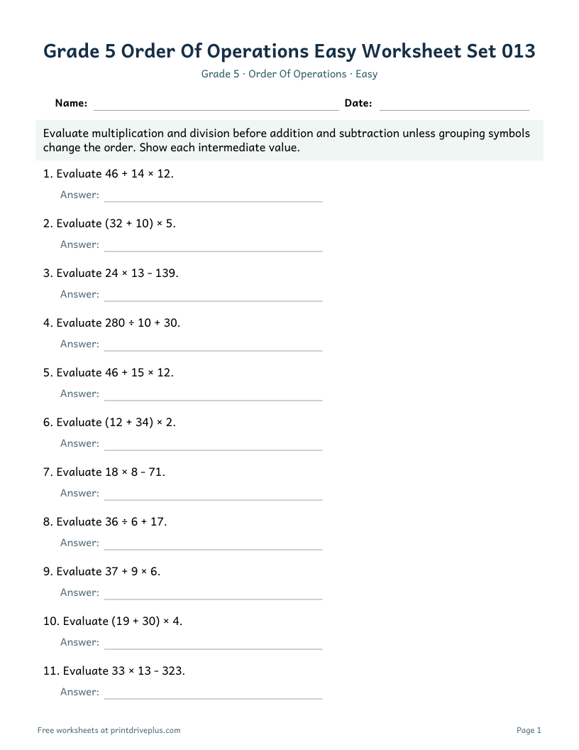 Preview of Grade 5 Order Of Operations Easy Worksheet Set 013