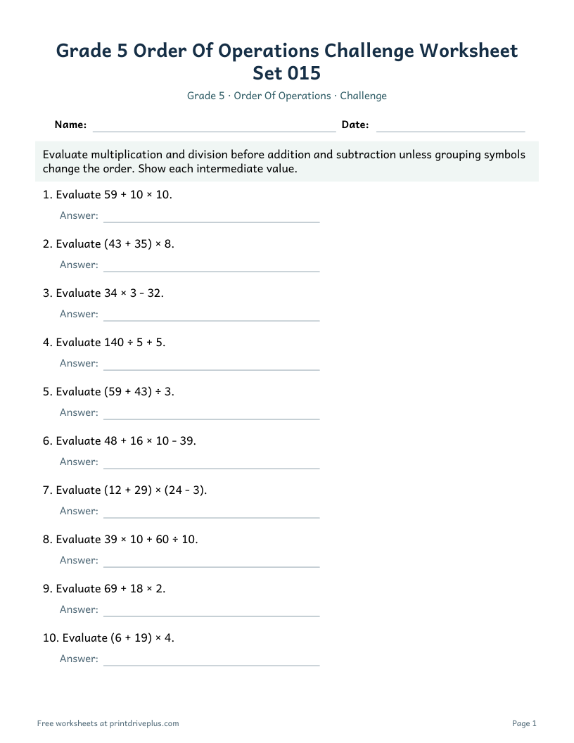 Preview of Grade 5 Order Of Operations Challenge Worksheet Set 015