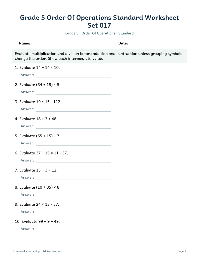 Preview of Grade 5 Order Of Operations Standard Worksheet Set 017