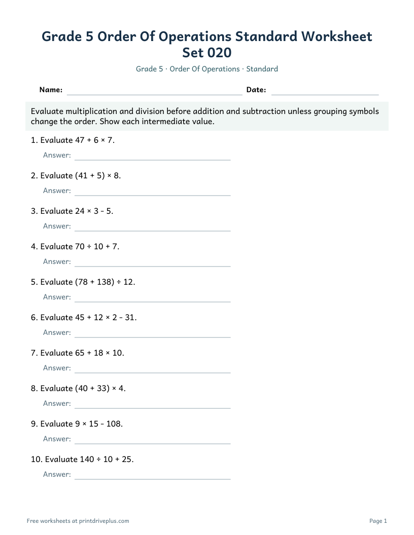 Preview of Grade 5 Order Of Operations Standard Worksheet Set 020