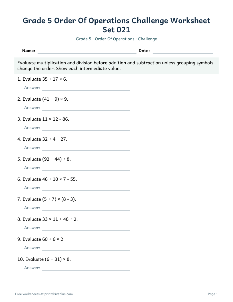 Preview of Grade 5 Order Of Operations Challenge Worksheet Set 021