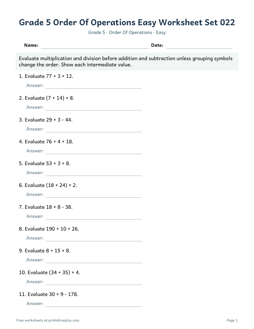 Preview of Grade 5 Order Of Operations Easy Worksheet Set 022