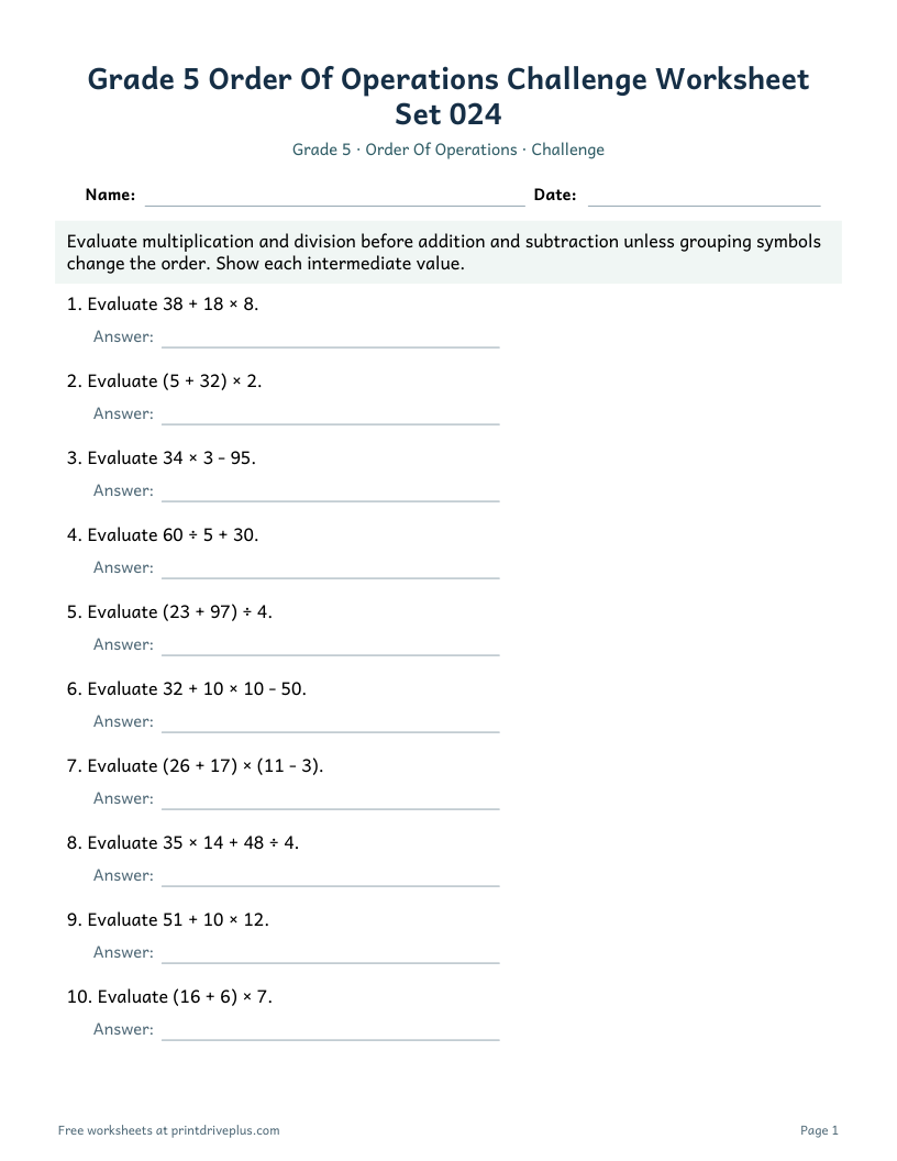 Preview of Grade 5 Order Of Operations Challenge Worksheet Set 024