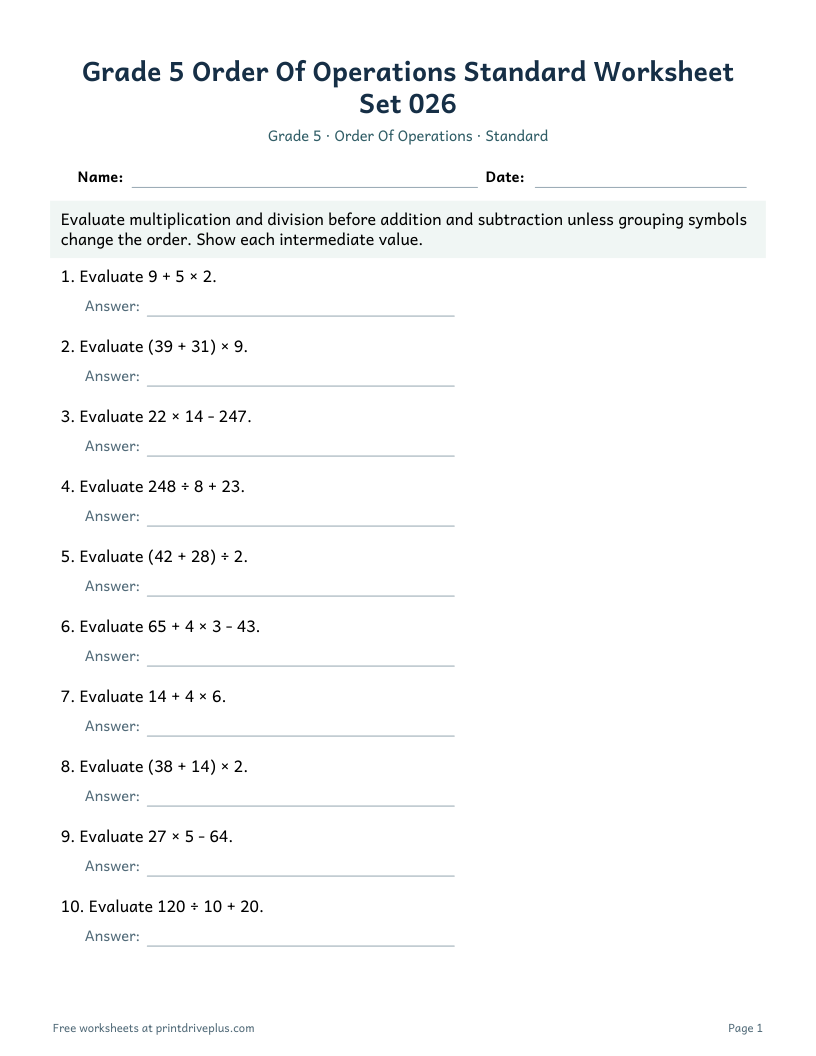 Preview of Grade 5 Order Of Operations Standard Worksheet Set 026
