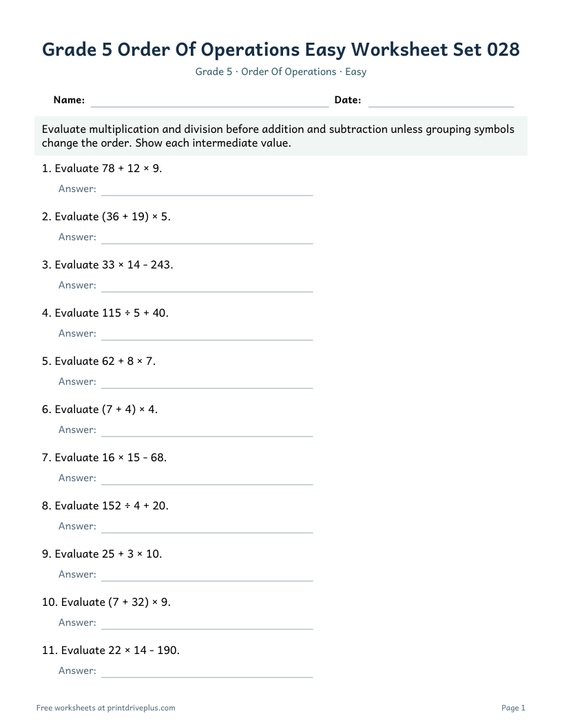 Preview of Grade 5 Order Of Operations Easy Worksheet Set 028