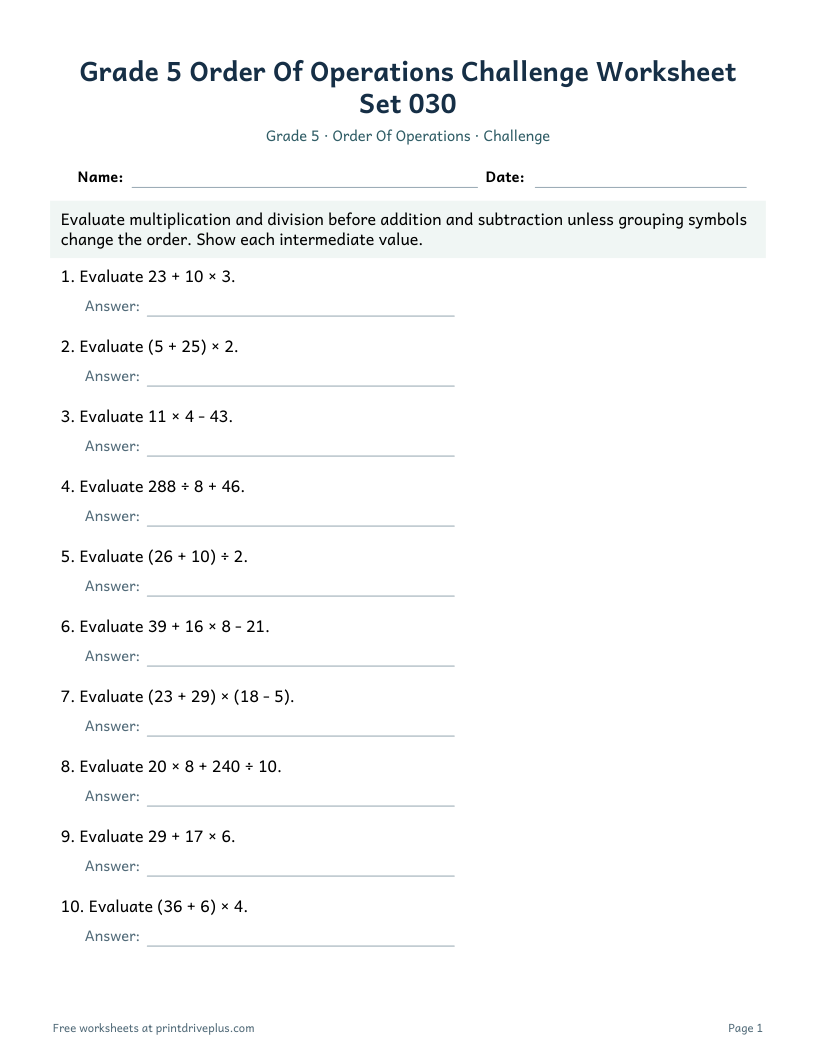Preview of Grade 5 Order Of Operations Challenge Worksheet Set 030