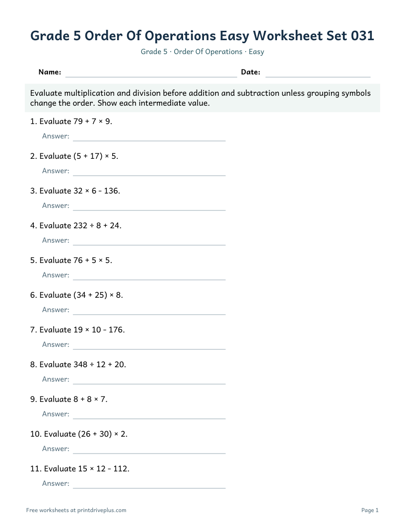 Preview of Grade 5 Order Of Operations Easy Worksheet Set 031