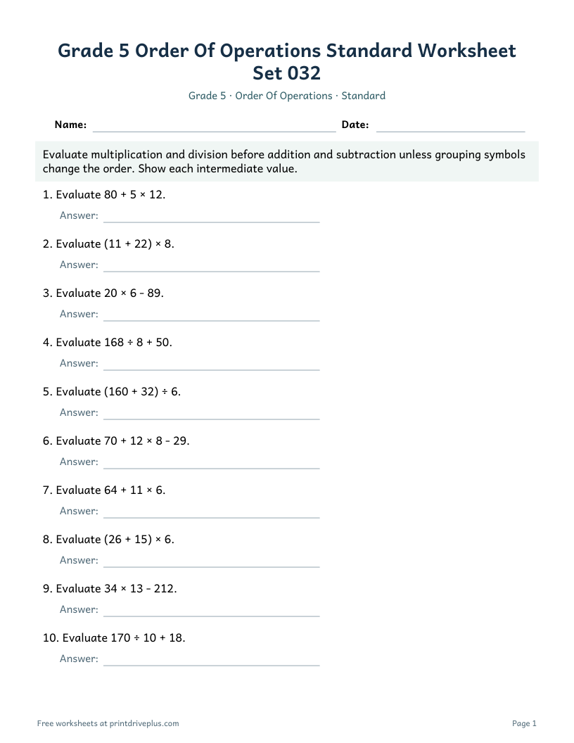Preview of Grade 5 Order Of Operations Standard Worksheet Set 032
