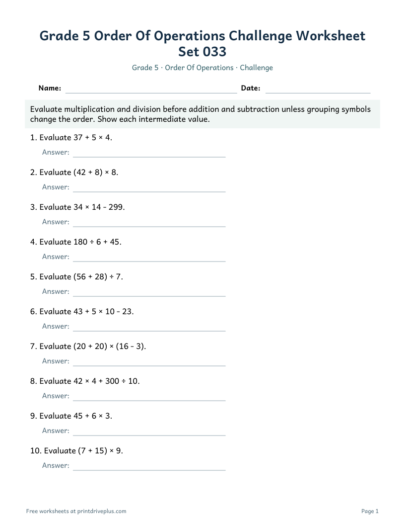 Preview of Grade 5 Order Of Operations Challenge Worksheet Set 033