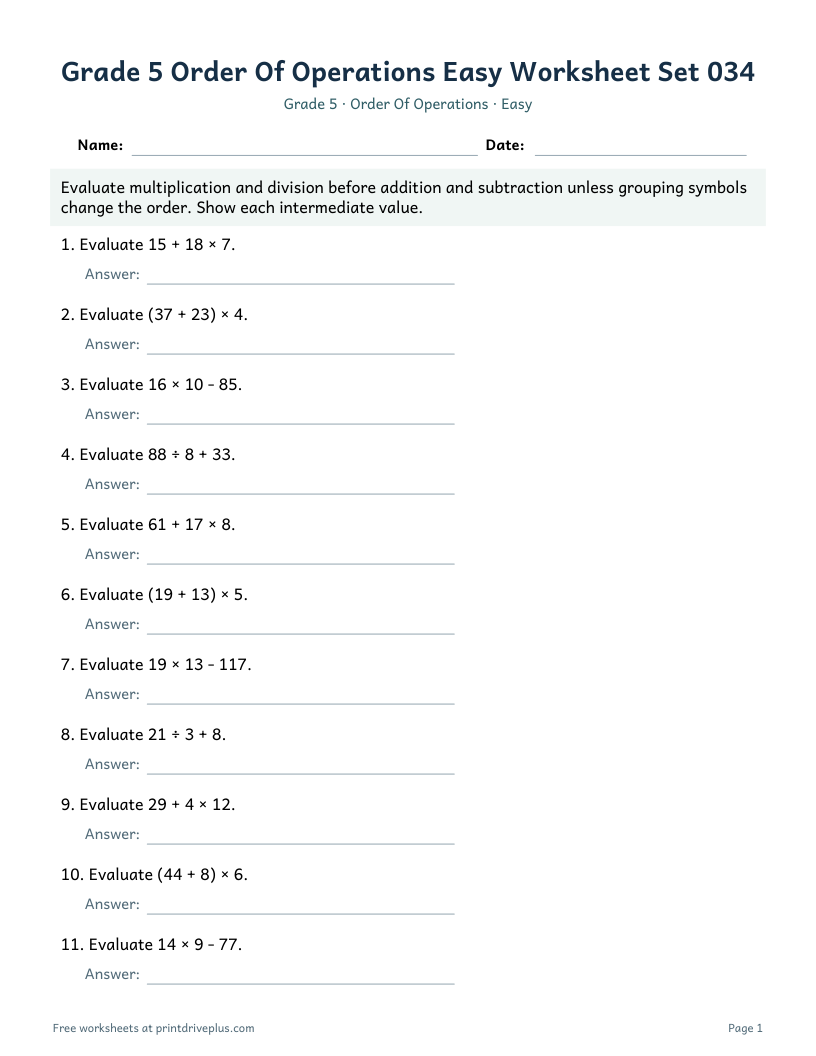 Preview of Grade 5 Order Of Operations Easy Worksheet Set 034