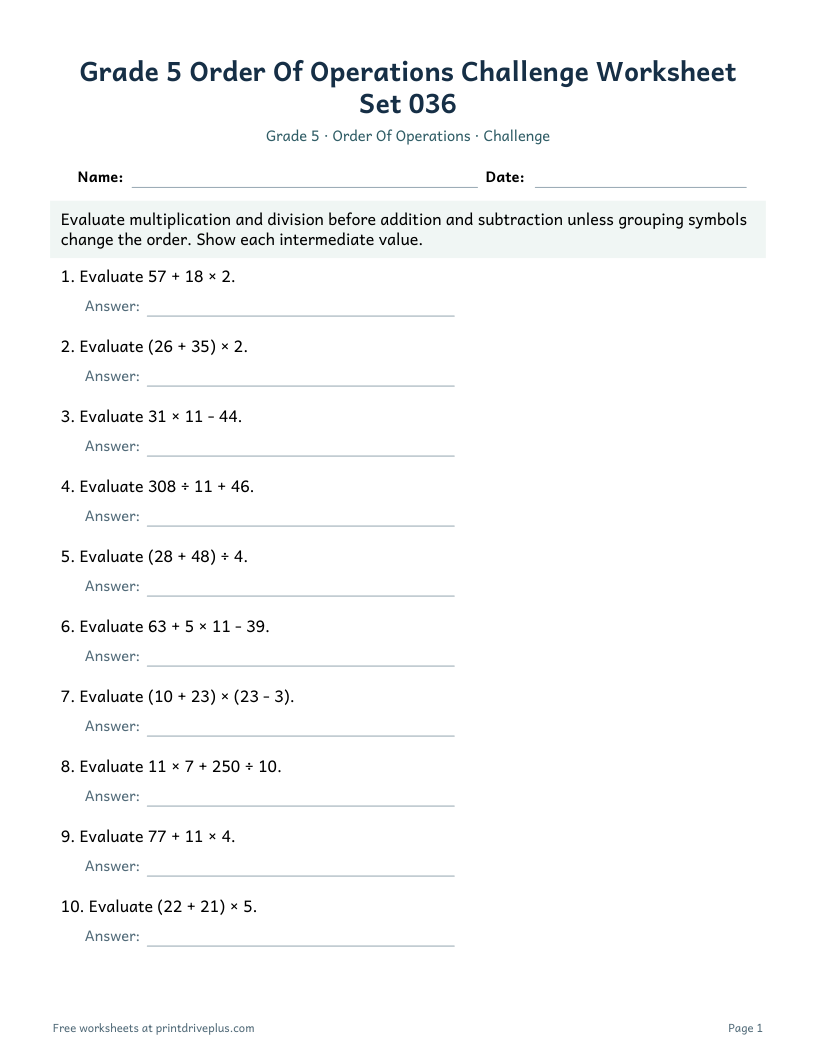 Preview of Grade 5 Order Of Operations Challenge Worksheet Set 036