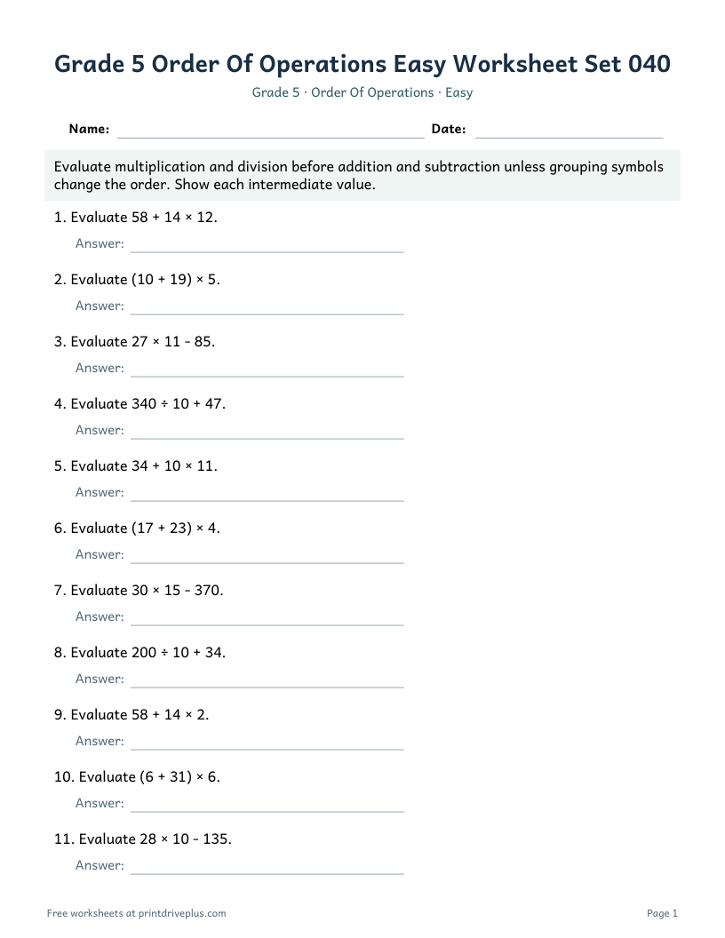 Preview of Grade 5 Order Of Operations Easy Worksheet Set 040