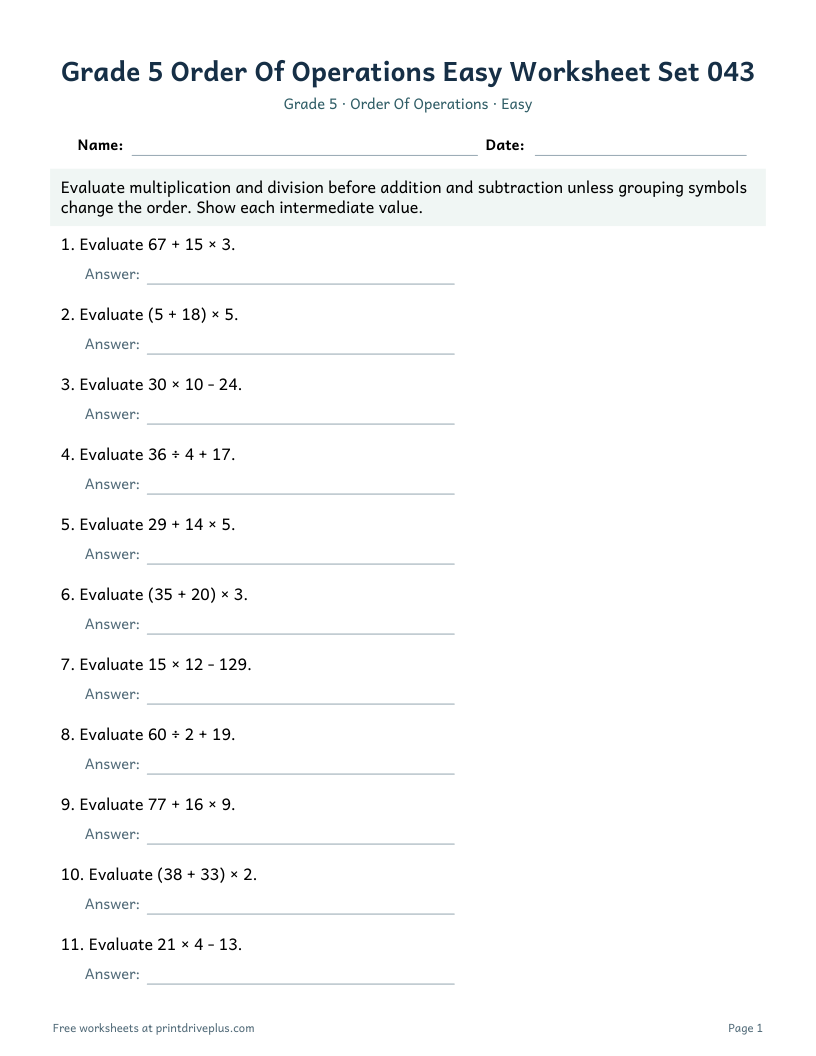 Preview of Grade 5 Order Of Operations Easy Worksheet Set 043