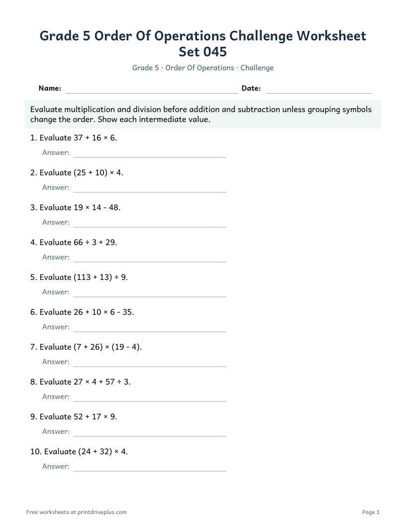 Preview of Grade 5 Order Of Operations Challenge Worksheet Set 045