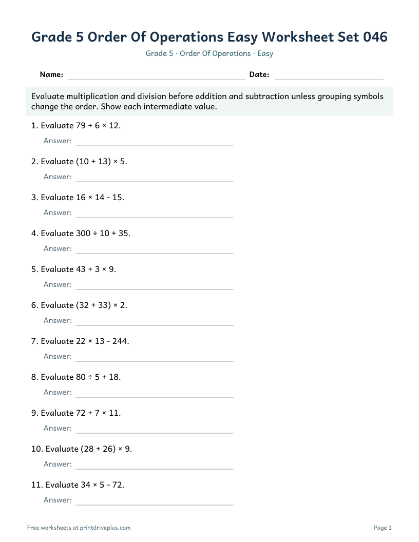 Preview of Grade 5 Order Of Operations Easy Worksheet Set 046