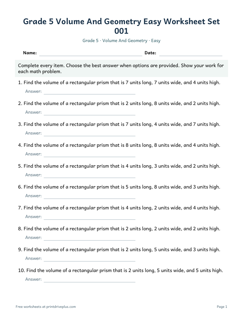 Preview of Grade 5 Volume And Geometry Easy Worksheet Set 001