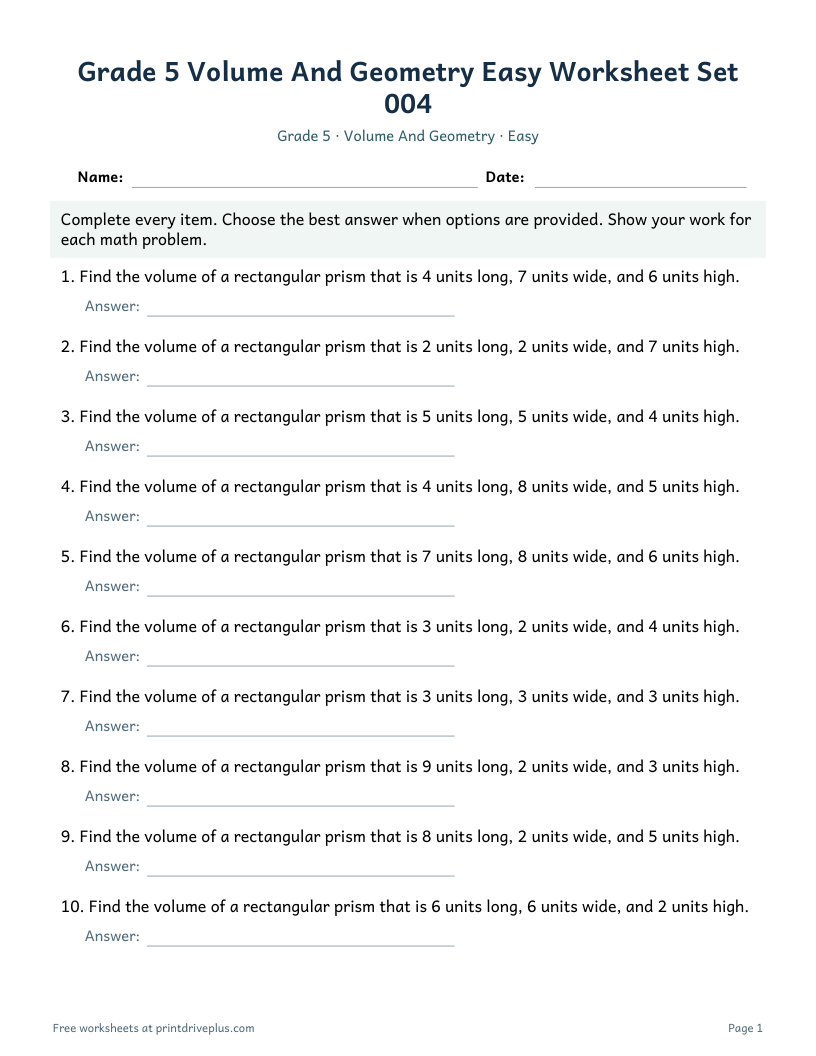 Preview of Grade 5 Volume And Geometry Easy Worksheet Set 004