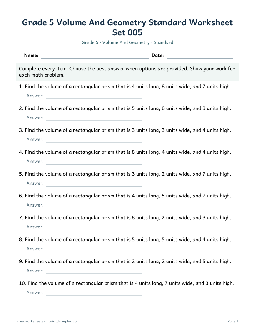 Preview of Grade 5 Volume And Geometry Standard Worksheet Set 005