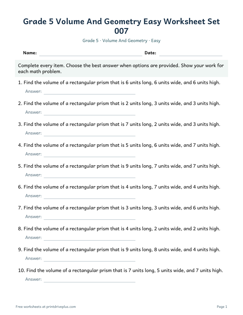 Preview of Grade 5 Volume And Geometry Easy Worksheet Set 007