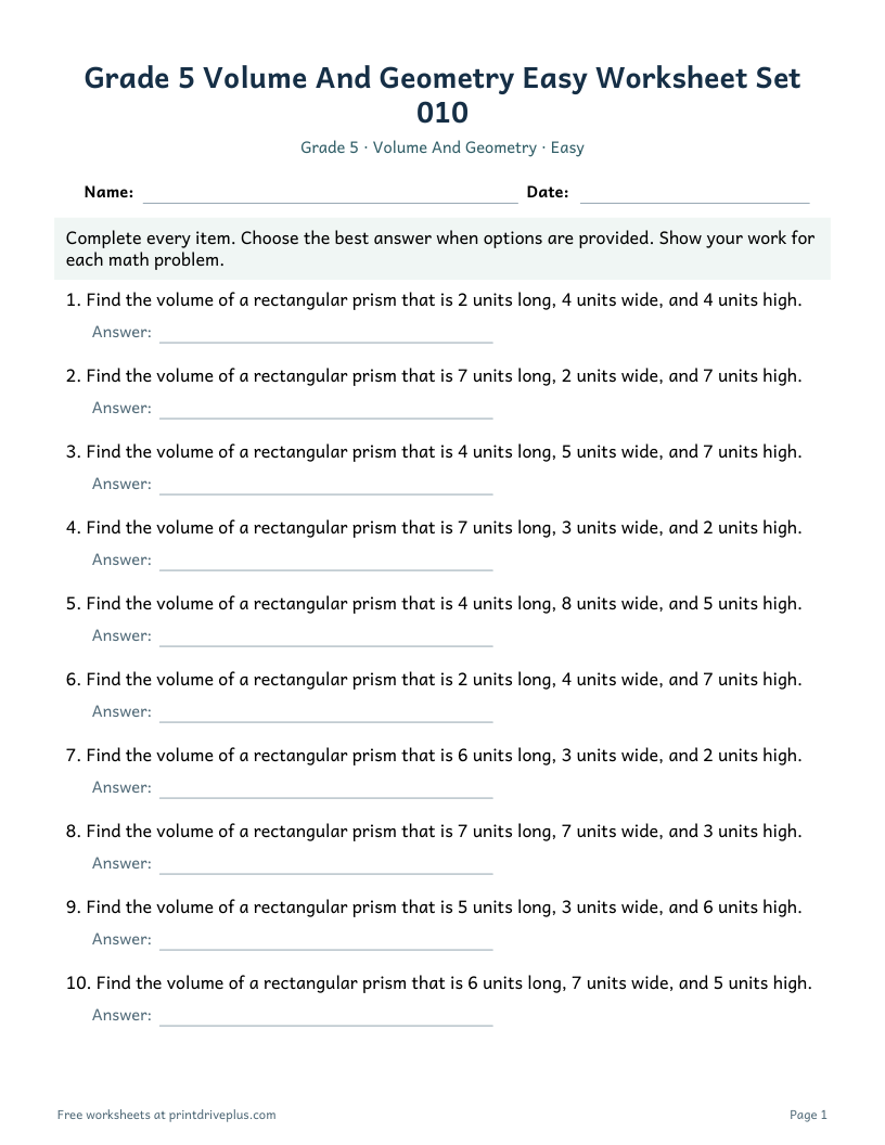Preview of Grade 5 Volume And Geometry Easy Worksheet Set 010