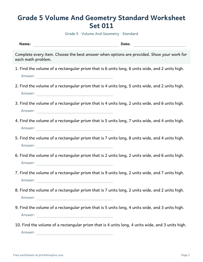 Preview of Grade 5 Volume And Geometry Standard Worksheet Set 011