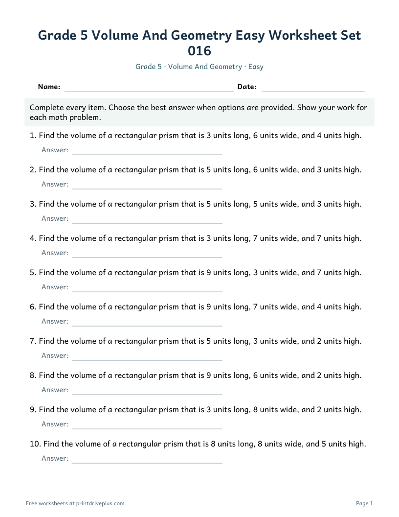 Preview of Grade 5 Volume And Geometry Easy Worksheet Set 016