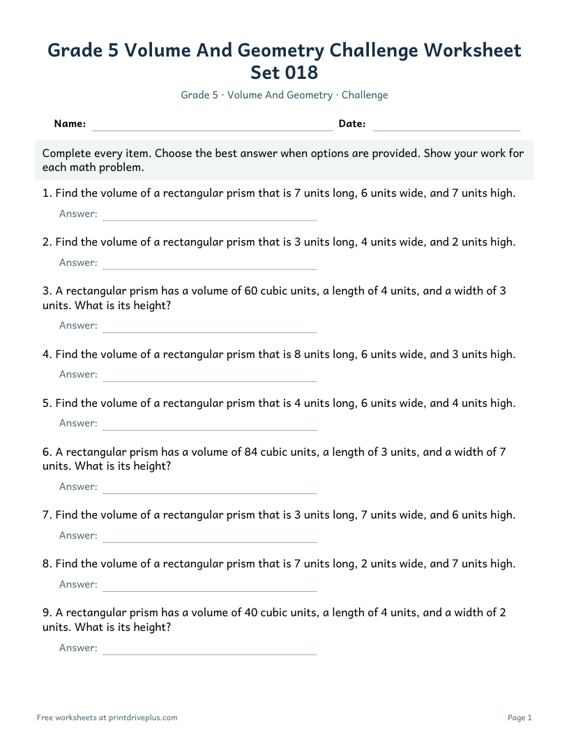 Preview of Grade 5 Volume And Geometry Challenge Worksheet Set 018