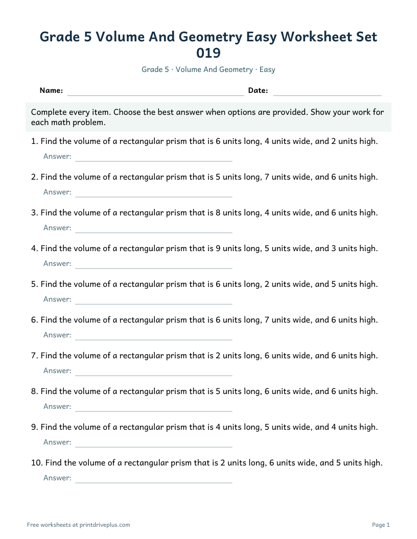 Preview of Grade 5 Volume And Geometry Easy Worksheet Set 019