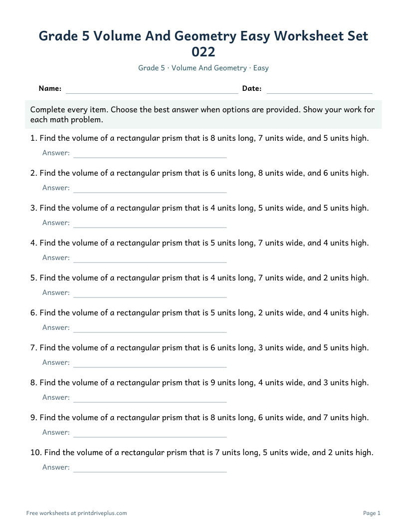 Preview of Grade 5 Volume And Geometry Easy Worksheet Set 022